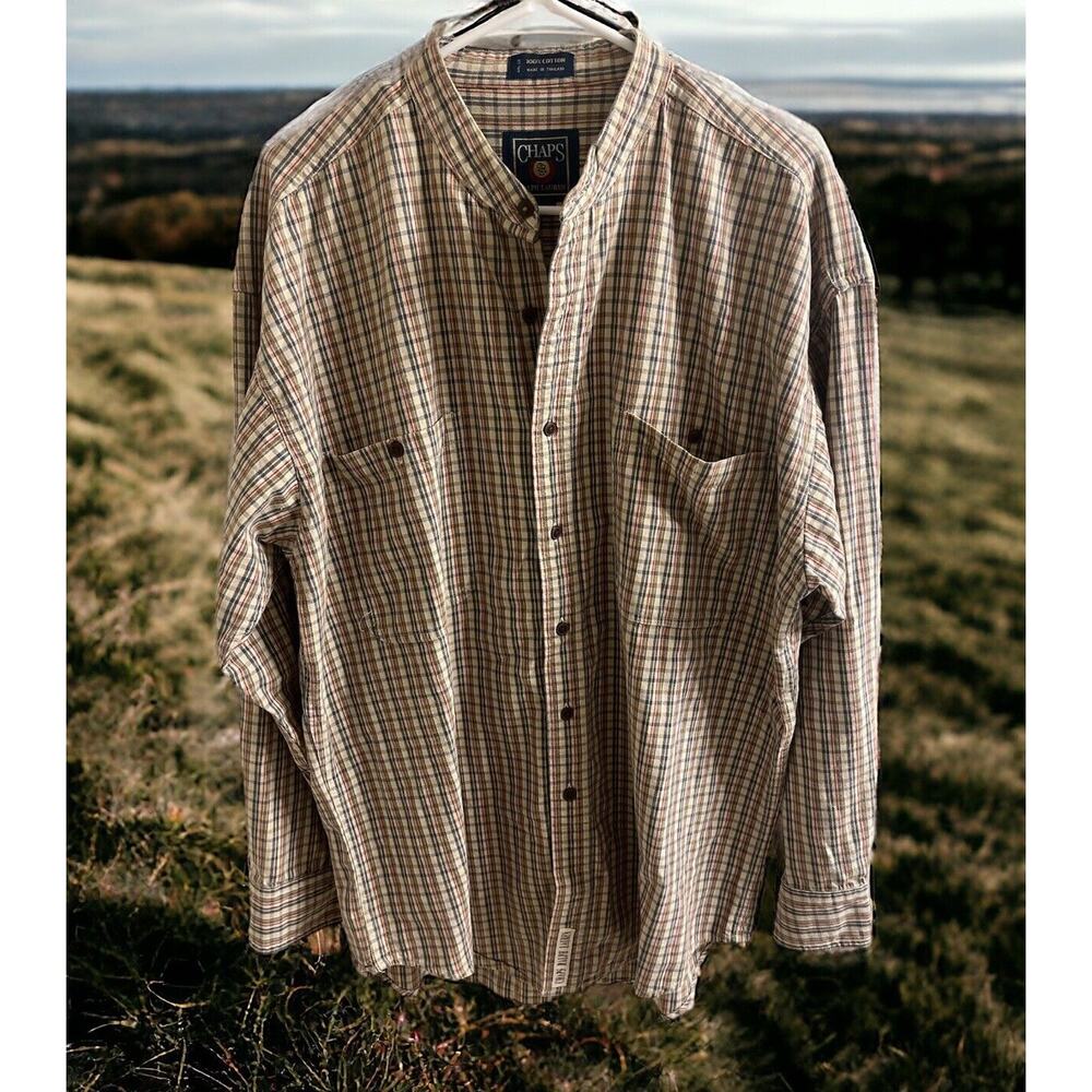 Ralph Lauren Chaps Large Men's Plaid Long Sleeve Button Up‎ Double Pocket Tan